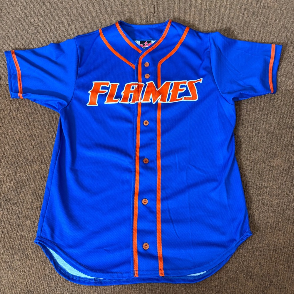 Alleson Athletic Kids Flames Baseball Jersey Blue Orange Number 23 Youth Large